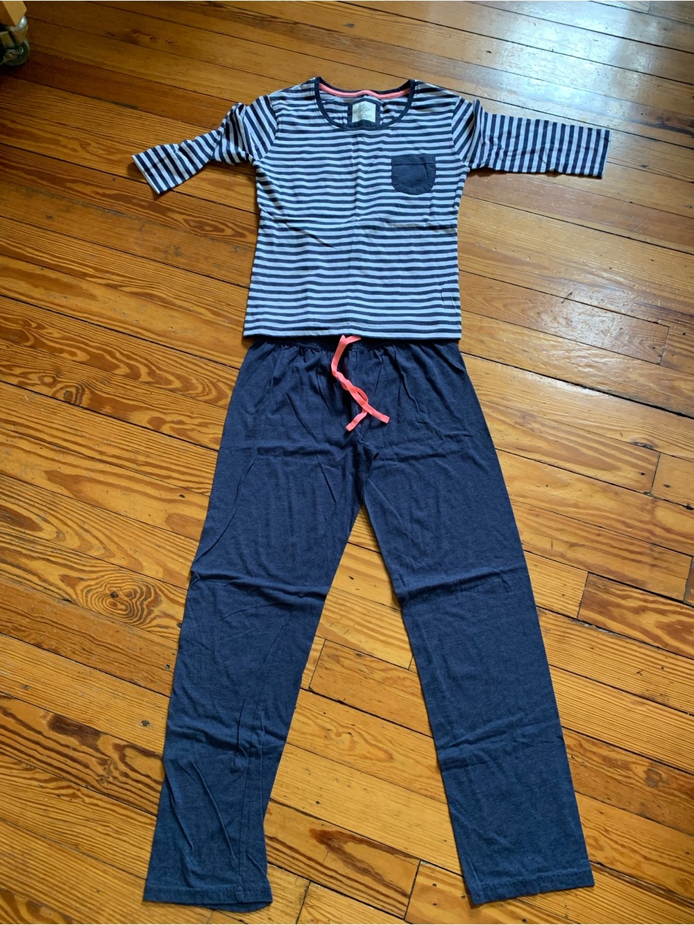 Navy & White Striped Women's Pajama Set with Coral Drawcord